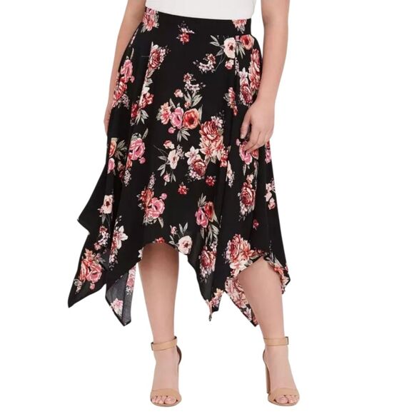 Torrid Black Floral Midi Challis Handkerchief Skirt Size 3 3x - Picture 1 of 6